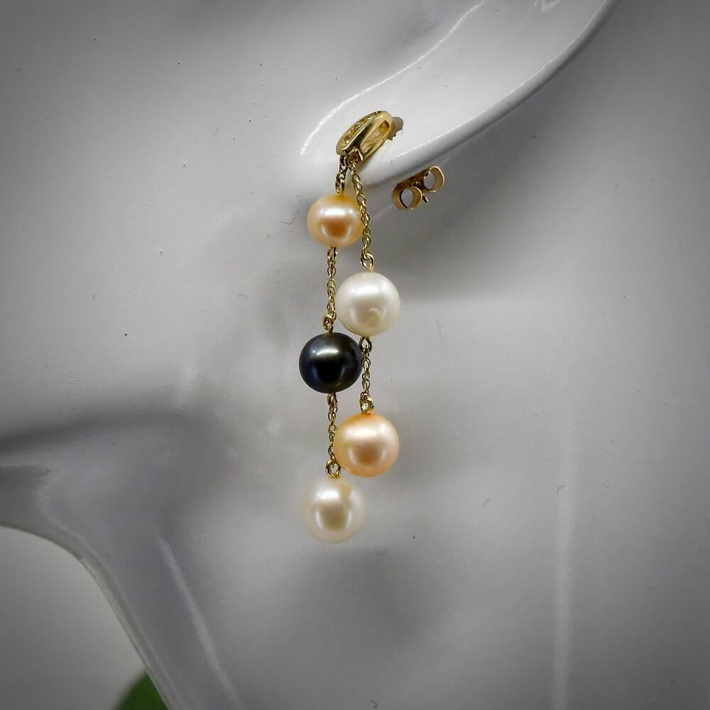 Vintage Alwand Vahan 10K Gold Tri-Color Pearl and Diamonds Dangle Earrings 5.9g